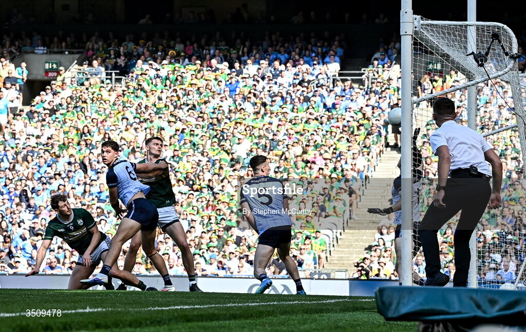 12 July 2026; Seán O'Brien of Kerry celebrates after scoring his side's second goal during the GAA Football All-Ireland Senior Championship semi-final match between Dublin and Kerry at Croke Park in Dublin. Photo by Stephen McCarthy/Sportsfile
