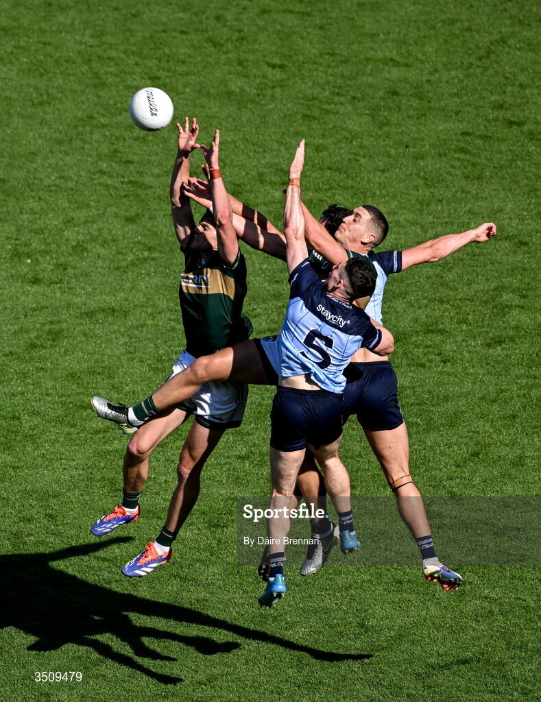 12 July 2026; Mark O'Shea, left, and Joe O'Connor of Kerry in action against Lee Gannon, left, and Theo Clancy of Dublin during the GAA Football All-Ireland Senior Championship semi-final match between Dublin and Kerry at Croke Park in Dublin. Photo by Daire Brennan/Sportsfile