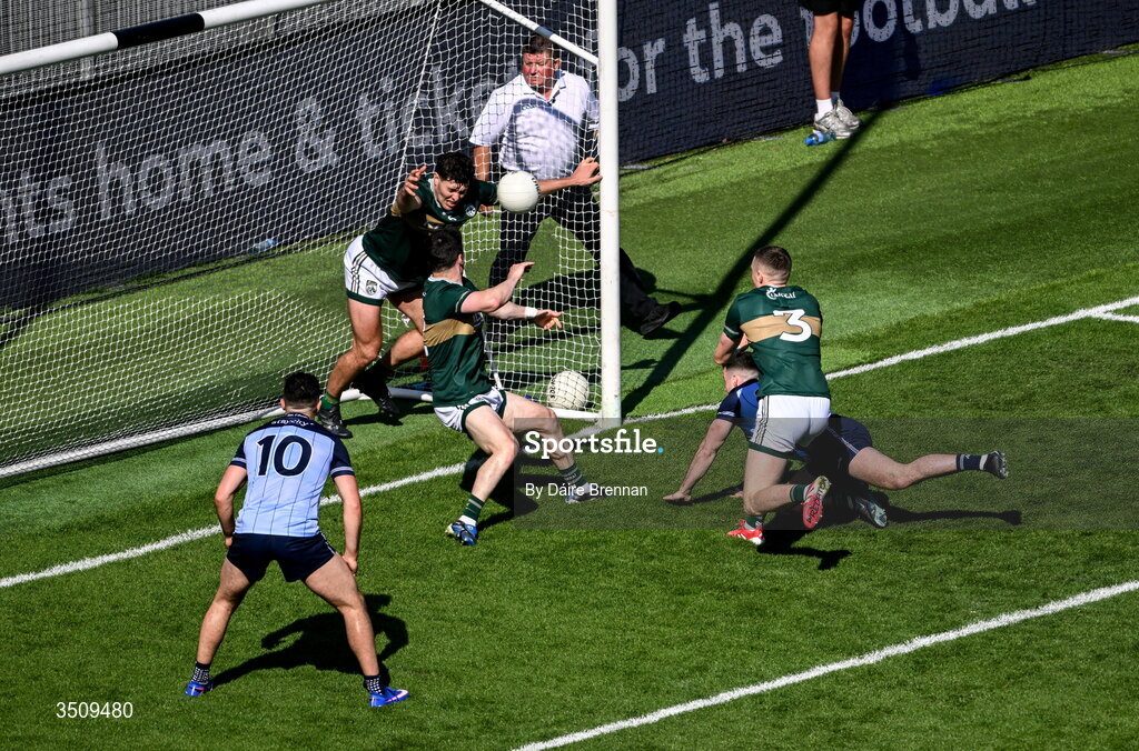 12 July 2026; Mike Breen of Kerry clears the ball off the line during the GAA Football All-Ireland Senior Championship semi-final match between Dublin and Kerry at Croke Park in Dublin. Photo by Daire Brennan/Sportsfile