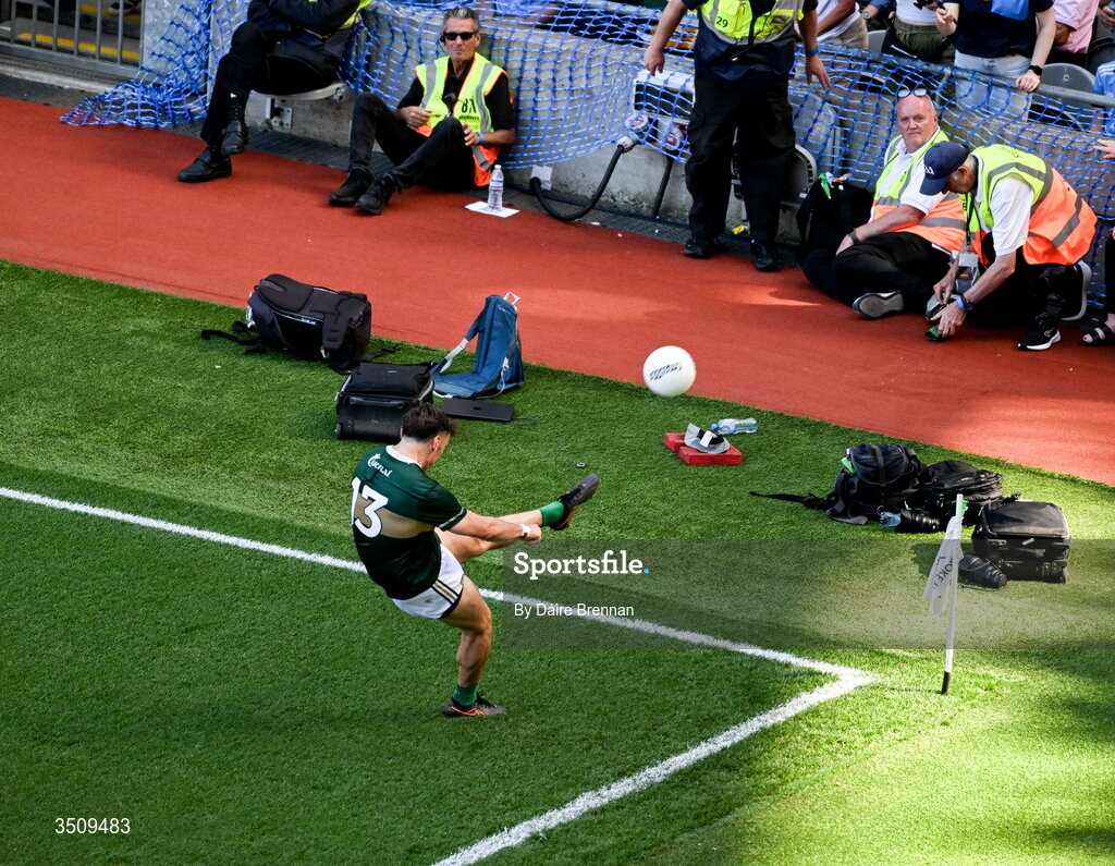 12 July 2026; David Clifford of Kerry kicks the ball into the stand at the end of the GAA Football All-Ireland Senior Championship semi-final match between Dublin and Kerry at Croke Park in Dublin. Photo by Daire Brennan/Sportsfile