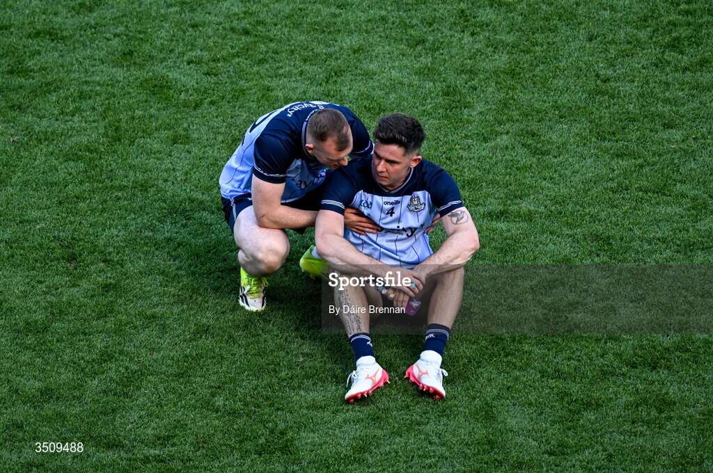12 July 2026; A dejected David Byrne of Dublin, right, with team-mate Josh Bannon after the GAA Football All-Ireland Senior Championship semi-final match between Dublin and Kerry at Croke Park in Dublin. Photo by Daire Brennan/Sportsfile