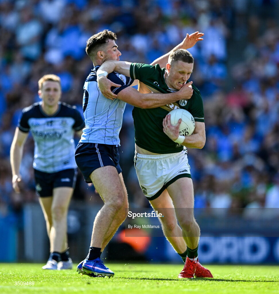12 July 2026; Jason Foley of Kerry is tackled by Colm Basquel of Dublin during the GAA Football All-Ireland Senior Championship semi-final match between Dublin and Kerry at Croke Park in Dublin. Photo by Ray McManus/Sportsfile Photo by Ray McManus/Sportsfile