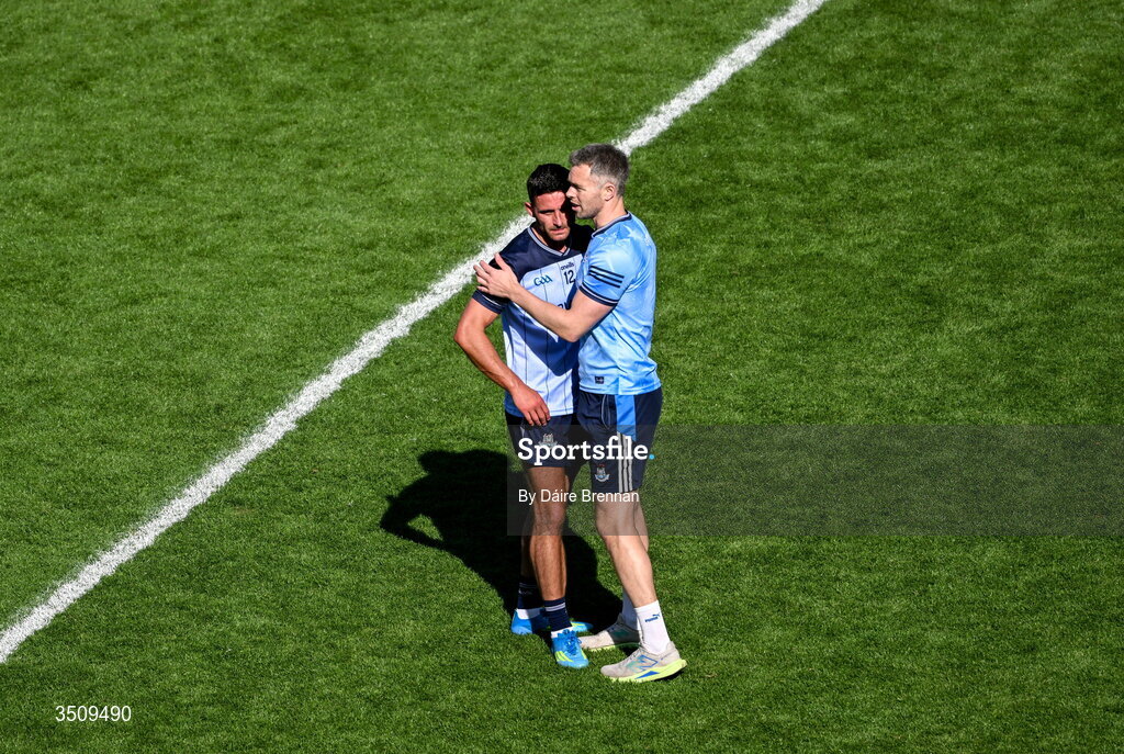 12 July 2026; Dublin selector Dean Rock with Niall Scully of Dublin after the GAA Football All-Ireland Senior Championship semi-final match between Dublin and Kerry at Croke Park in Dublin. Photo by Daire Brennan/Sportsfile