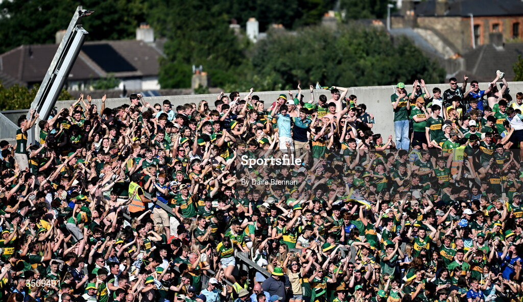 12 July 2026; Kerry supporters on Hill 16 celebrate after the GAA Football All-Ireland Senior Championship semi-final match between Dublin and Kerry at Croke Park in Dublin. Photo by Daire Brennan/Sportsfile