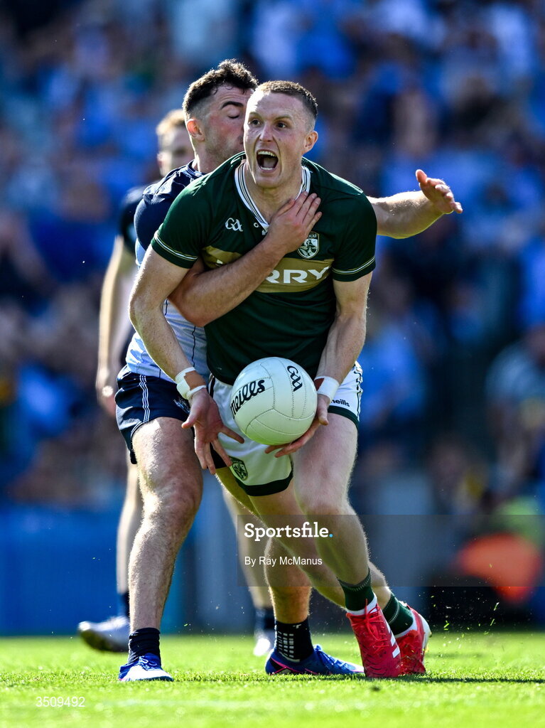 12 July 2026; Jason Foley of Kerry is tackled by Colm Basquel of Dublin during the GAA Football All-Ireland Senior Championship semi-final match between Dublin and Kerry at Croke Park in Dublin. Photo by Ray McManus/Sportsfile Photo by Ray McManus/Sportsfile
