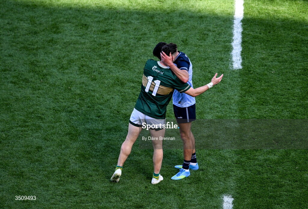 12 July 2026; Paudie Clifford of Kerry with Niall Scully of Dublin after the GAA Football All-Ireland Senior Championship semi-final match between Dublin and Kerry at Croke Park in Dublin. Photo by Daire Brennan/Sportsfile