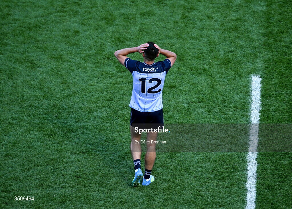 12 July 2026; A dejected Niall Scully of Dublin after the GAA Football All-Ireland Senior Championship semi-final match between Dublin and Kerry at Croke Park in Dublin. Photo by Daire Brennan/Sportsfile