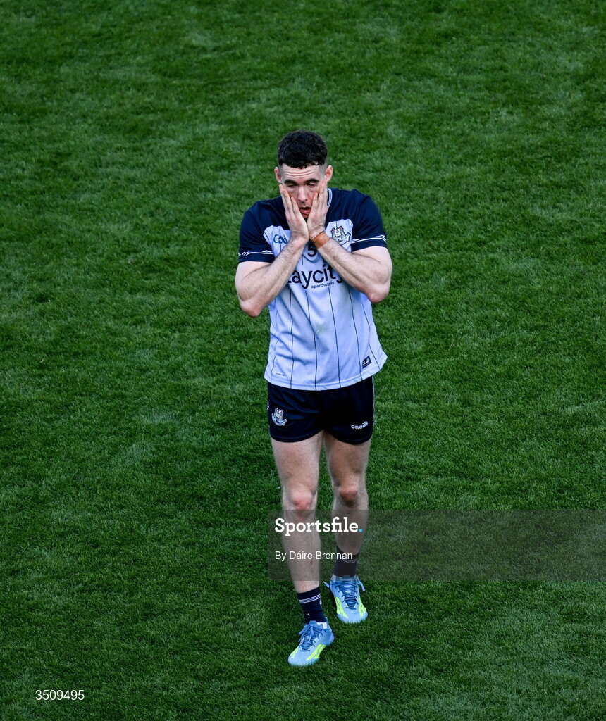12 July 2026; A dejected Lee Gannon of Dublin after the GAA Football All-Ireland Senior Championship semi-final match between Dublin and Kerry at Croke Park in Dublin. Photo by Daire Brennan/Sportsfile