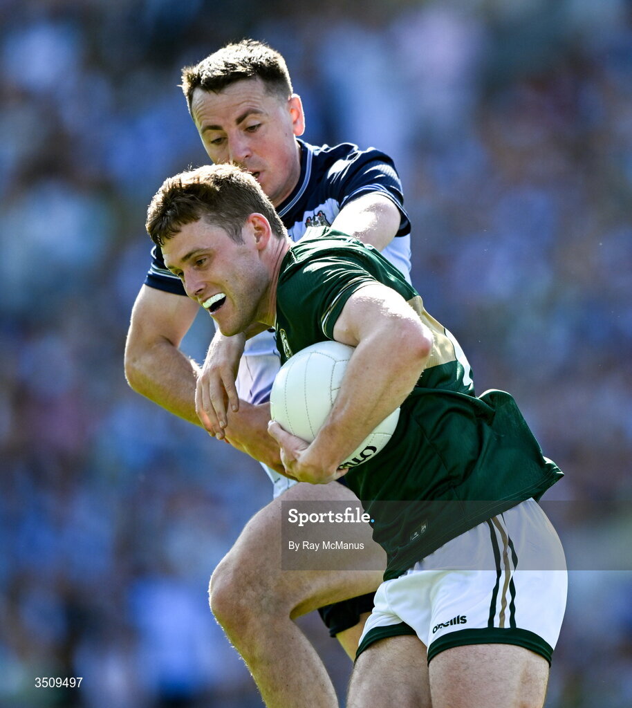 12 July 2026; Gavin White of Kerry is tackled by Cormac Costello of Dublin during the GAA Football All-Ireland Senior Championship semi-final match between Dublin and Kerry at Croke Park in Dublin. Photo by Ray McManus/Sportsfile Photo by Ray McManus/Sportsfile