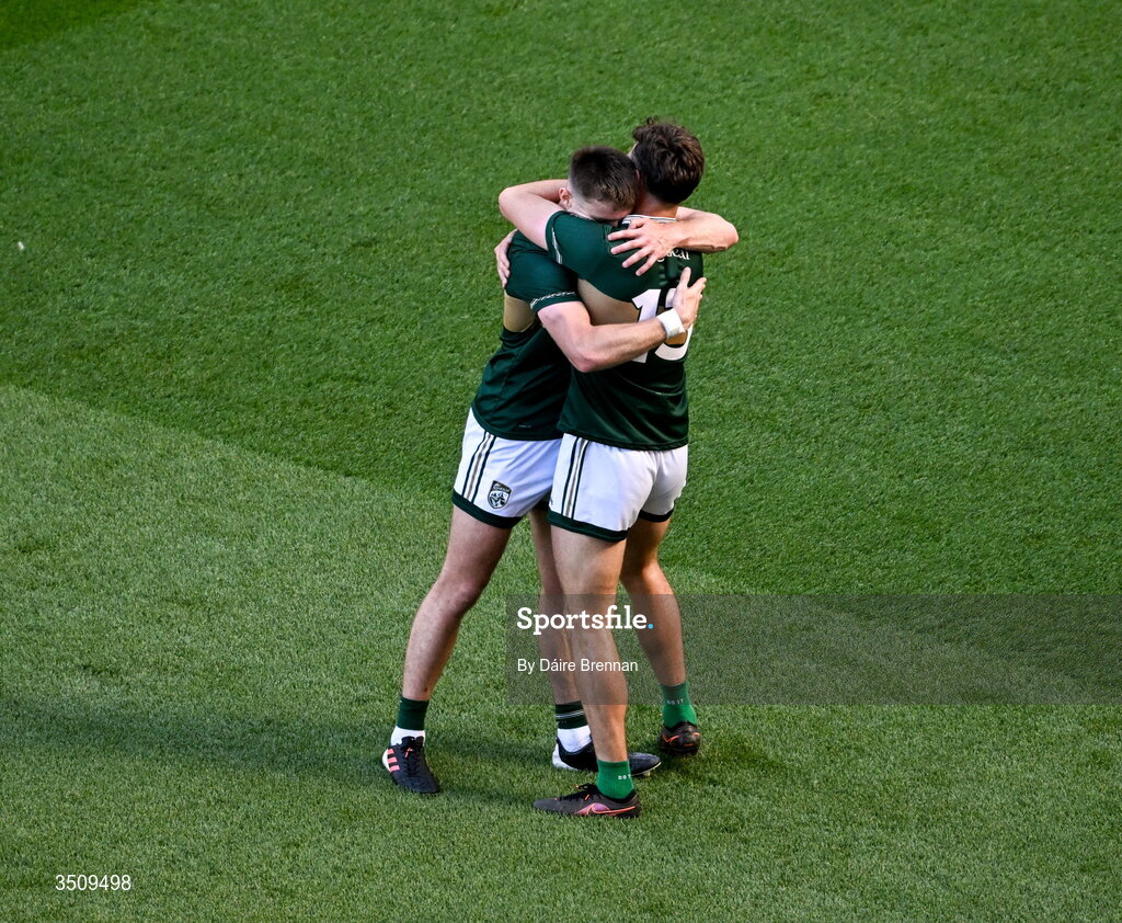 12 July 2026; Diarmuid O'Connor, left, and David Clifford of Kerry celebrate after the GAA Football All-Ireland Senior Championship semi-final match between Dublin and Kerry at Croke Park in Dublin. Photo by Daire Brennan/Sportsfile
