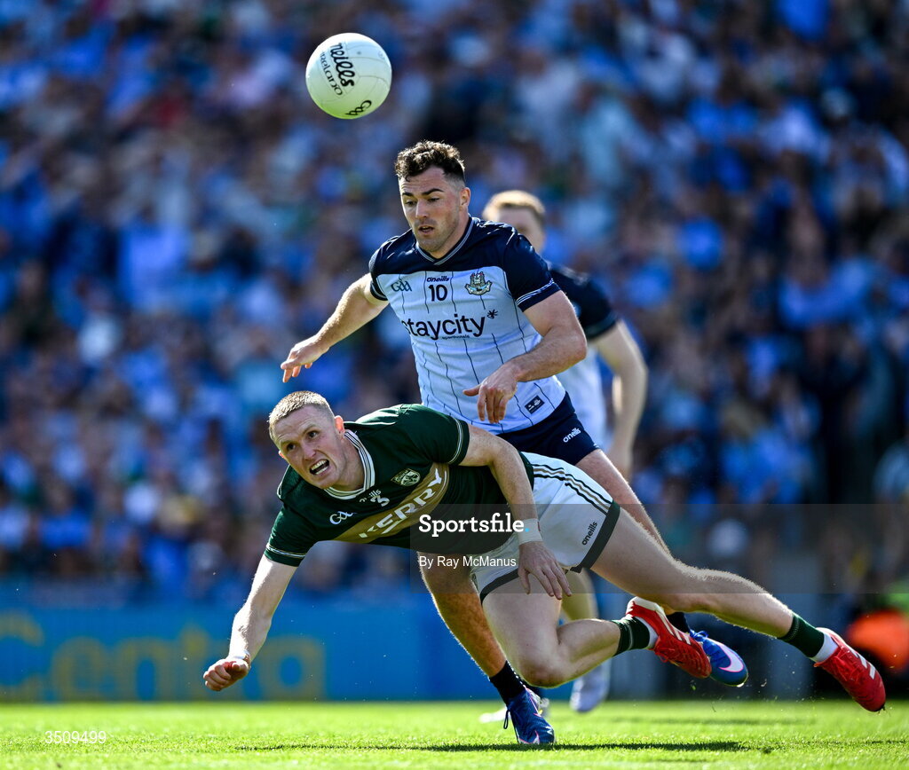 12 July 2026; Jason Foley of Kerry is tackled by Colm Basquel of Dublin during the GAA Football All-Ireland Senior Championship semi-final match between Dublin and Kerry at Croke Park in Dublin. Photo by Ray McManus/Sportsfile Photo by Ray McManus/Sportsfile
