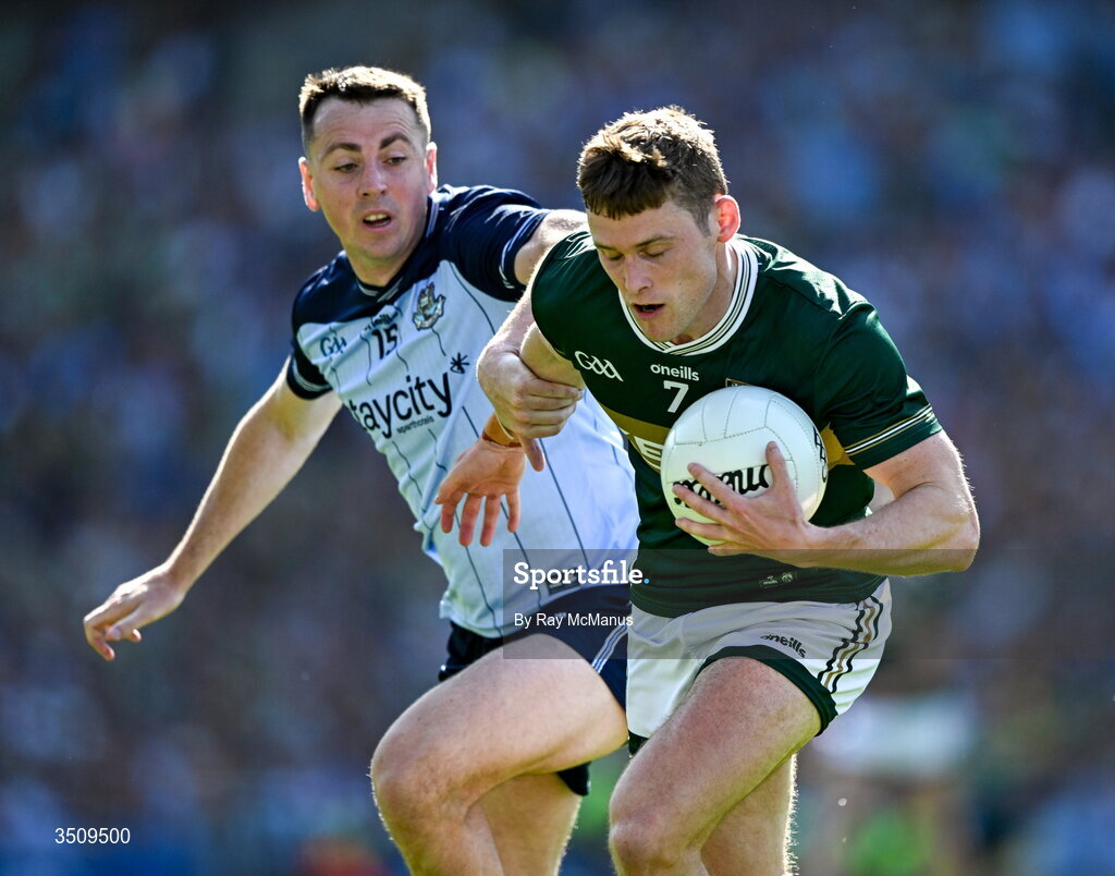 12 July 2026; Gavin White of Kerry is tackled by Cormac Costello of Dublin during the GAA Football All-Ireland Senior Championship semi-final match between Dublin and Kerry at Croke Park in Dublin. Photo by Ray McManus/Sportsfile Photo by Ray McManus/Sportsfile
