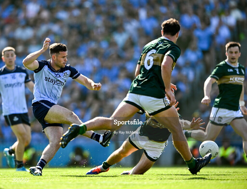 12 July 2026; Ross McGarry of Dublin has a shot on goal, late in the game, during the GAA Football All-Ireland Senior Championship semi-final match between Dublin and Kerry at Croke Park in Dublin. Photo by Ray McManus/Sportsfile Photo by Ray McManus/Sportsfile