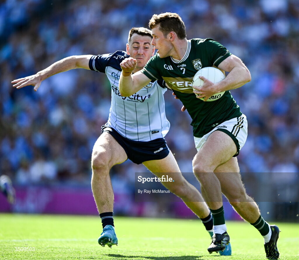 12 July 2026; Gavin White of Kerry is tackled by Cormac Costello of Dublin during the GAA Football All-Ireland Senior Championship semi-final match between Dublin and Kerry at Croke Park in Dublin. Photo by Ray McManus/Sportsfile Photo by Ray McManus/Sportsfile
