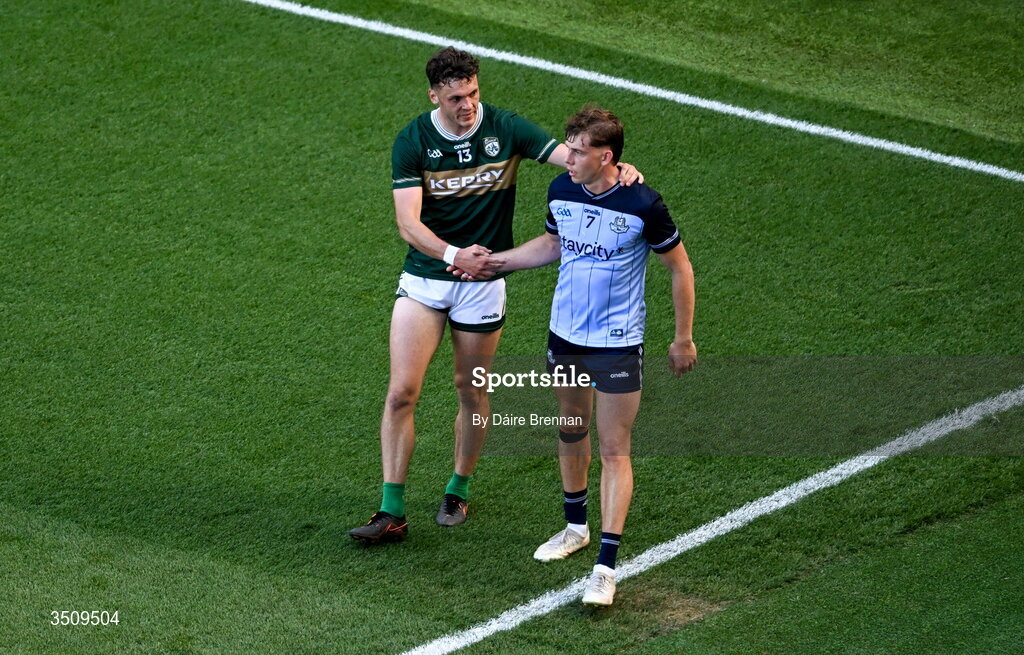 12 July 2026; David Clifford of Kerry shakes hands with Charlie McMorrow of Dublin after the GAA Football All-Ireland Senior Championship semi-final match between Dublin and Kerry at Croke Park in Dublin. Photo by Daire Brennan/Sportsfile