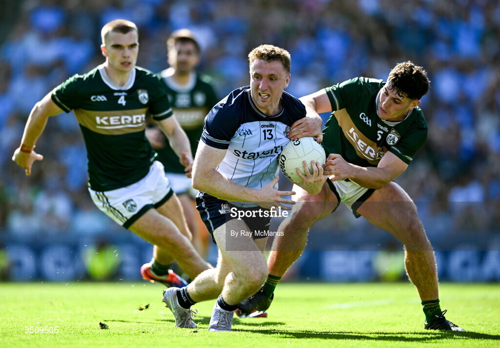 12 July 2026; Paddy Small of Dublin is tackled by Mike Breen of Kerry during the GAA Football All-Ireland Senior Championship semi-final match between Dublin and Kerry at Croke Park in Dublin. Photo by Ray McManus/Sportsfile Photo by Ray McManus/Sportsfile