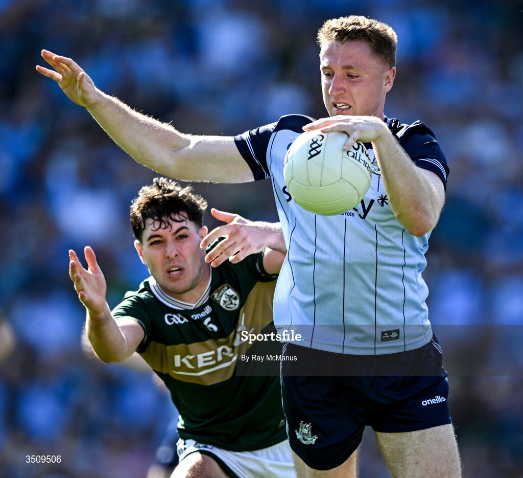 12 July 2026; Paddy Small of Dublin is tackled by Mike Breen of Kerry during the GAA Football All-Ireland Senior Championship semi-final match between Dublin and Kerry at Croke Park in Dublin. Photo by Ray McManus/Sportsfile Photo by Ray McManus/Sportsfile