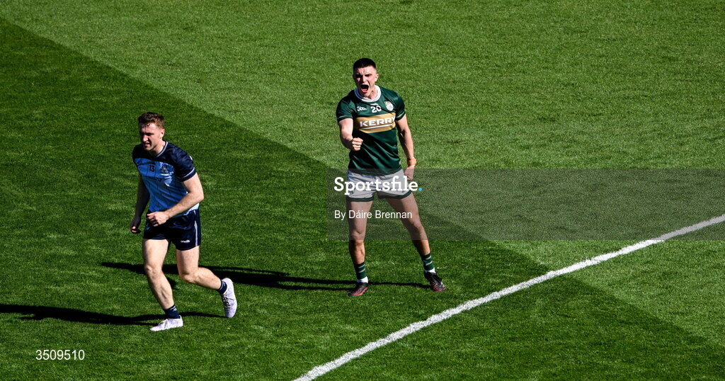 12 July 2026; Seán O'Shea of Kerry celebrates after scoring a second hald two pointer during the GAA Football All-Ireland Senior Championship semi-final match between Dublin and Kerry at Croke Park in Dublin. Photo by Daire Brennan/Sportsfile