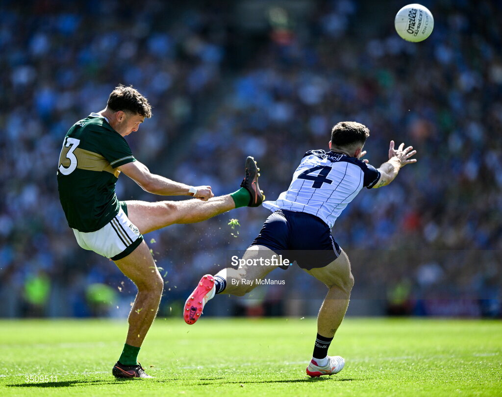 12 July 2026; David Clifford of Kerry kicks past David Byrne of Dublin to score his side's seventh point, in the 26th minute, during the GAA Football All-Ireland Senior Championship semi-final match between Dublin and Kerry at Croke Park in Dublin. Photo by Ray McManus/Sportsfile