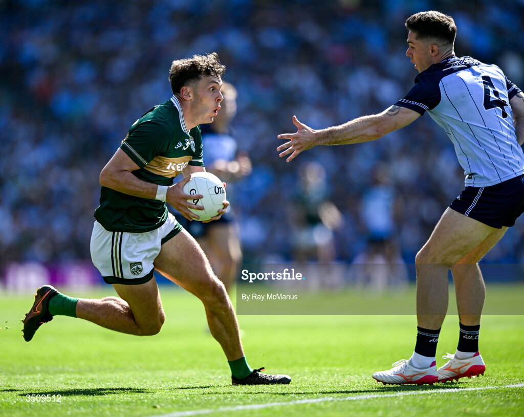 12 July 2026; David Clifford of Kerry in action against David Byrne of Dublin during the GAA Football All-Ireland Senior Championship semi-final match between Dublin and Kerry at Croke Park in Dublin. Photo by Ray McManus/Sportsfile