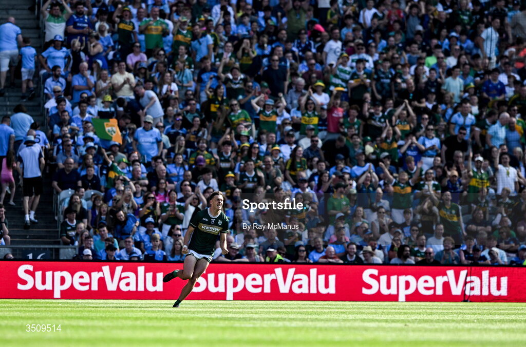 12 July 2026; David Clifford of Kerry celebrates scoring his side's 18th point, their last,  during the GAA Football All-Ireland Senior Championship semi-final match between Dublin and Kerry at Croke Park in Dublin. Photo by Ray McManus/Sportsfile Photo by Ray McManus/Sportsfile