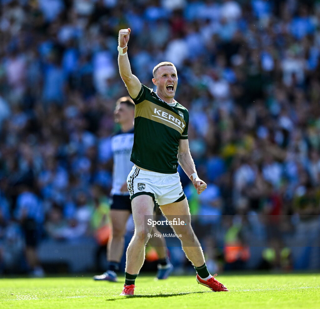 12 July 2026; Kerry full-back Jason Foley celebrates after the GAA Football All-Ireland Senior Championship semi-final match between Dublin and Kerry at Croke Park in Dublin. Photo by Ray McManus/Sportsfile Photo by Ray McManus/Sportsfile