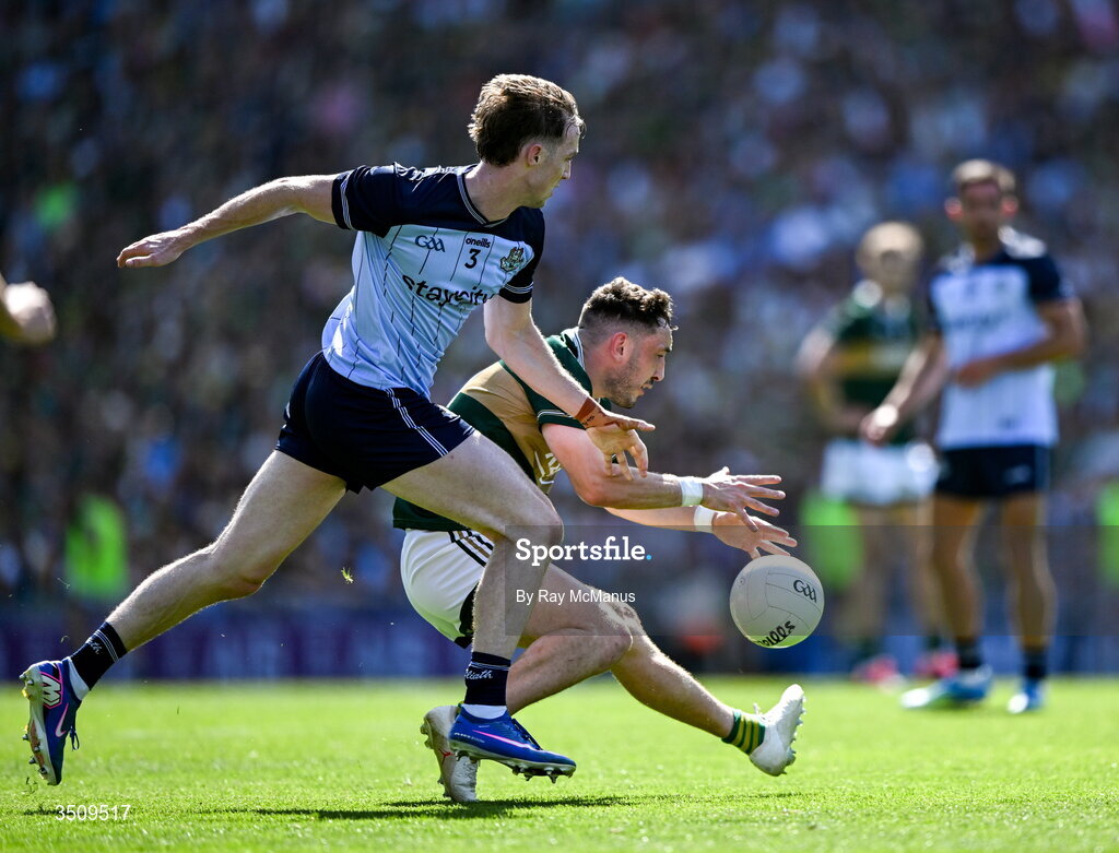 12 July 2026; Paudie Clifford of Kerry is tackled by Eoin Kennedy of Dublin during the GAA Football All-Ireland Senior Championship semi-final match between Dublin and Kerry at Croke Park in Dublin. Photo by Ray McManus/Sportsfile