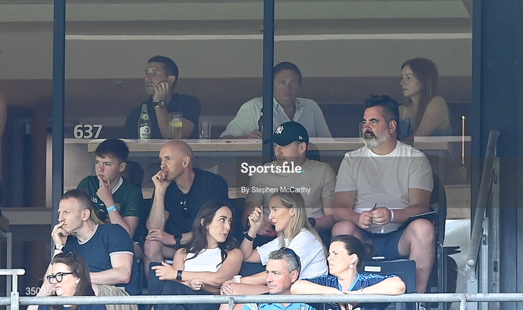 12 July 2026; Mayo manager Andy Moran, centre, and his backroom staff, from left, Colm Boyle, Paddy Tally and Paul Durkan during the GAA Football All-Ireland Senior Championship semi-final match between Dublin and Kerry at Croke Park in Dublin. Photo by Stephen McCarthy/Sportsfile