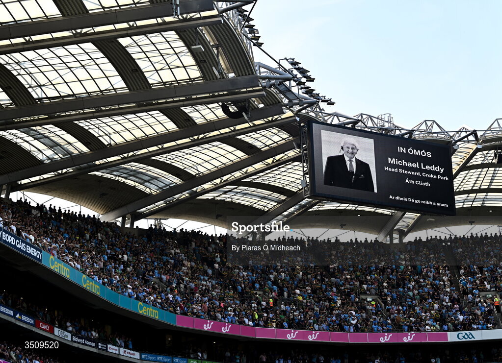 12 July 2026; A picture of Croke Park head steward Michael Leddy, who passed away this week, is shown on the big screen during a minute's silence before the GAA Football All-Ireland Senior Championship semi-final match between Dublin and Kerry at Croke Park in Dublin. Photo by Piaras Ó Mídheach/Sportsfile