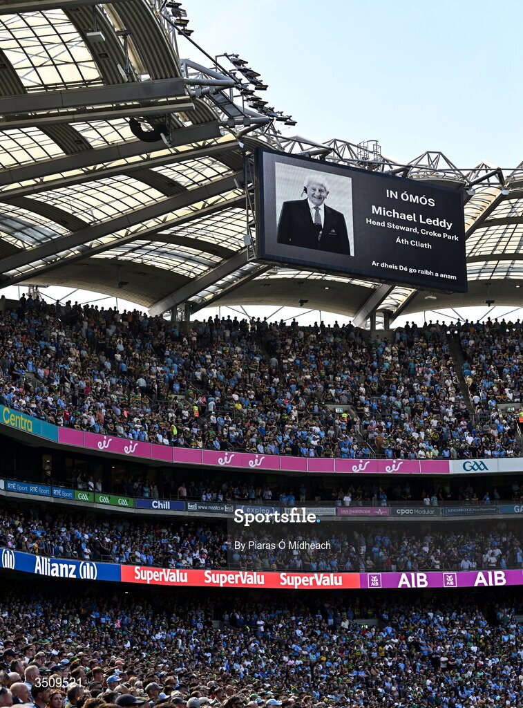 12 July 2026; A picture of Croke Park head steward Michael Leddy, who passed away this week, is shown on the big screen during a minute's silence before the GAA Football All-Ireland Senior Championship semi-final match between Dublin and Kerry at Croke Park in Dublin. Photo by Piaras Ó Mídheach/Sportsfile