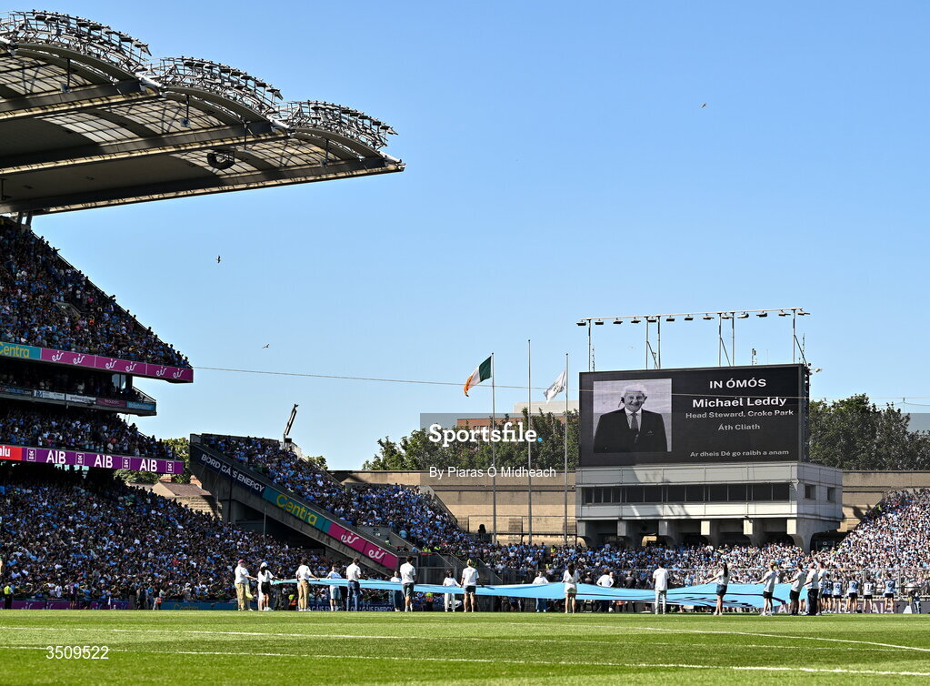 12 July 2026; A picture of Croke Park head steward Michael Leddy, who passed away this week, is shown on the big screen during a minute's silence before the GAA Football All-Ireland Senior Championship semi-final match between Dublin and Kerry at Croke Park in Dublin. Photo by Piaras Ó Mídheach/Sportsfile