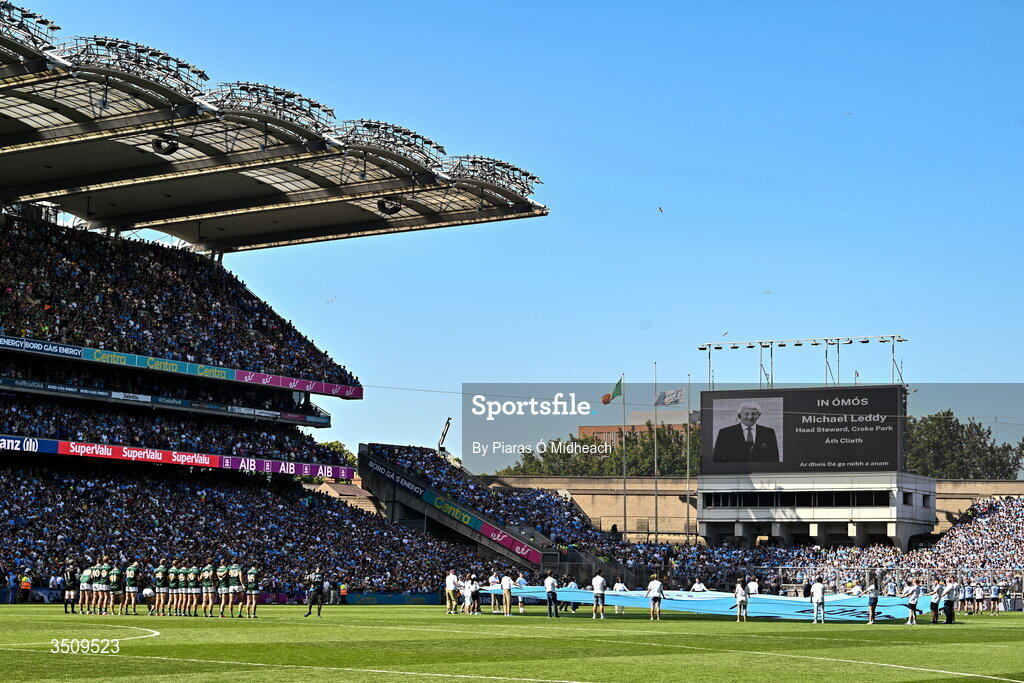 12 July 2026; A picture of Croke Park head steward Michael Leddy, who passed away this week, is shown on the big screen during a minute's silence before the GAA Football All-Ireland Senior Championship semi-final match between Dublin and Kerry at Croke Park in Dublin. Photo by Piaras Ó Mídheach/Sportsfile
