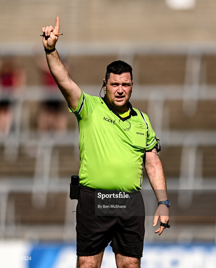 12 July 2026; Referee David Hurson during the LGFA TG4 All-Ireland Intermediate Championship semi-final match between Roscommon and Westmeath at Kingspan Breffni in Cavan. Photo by Ben McShane/Sportsfile