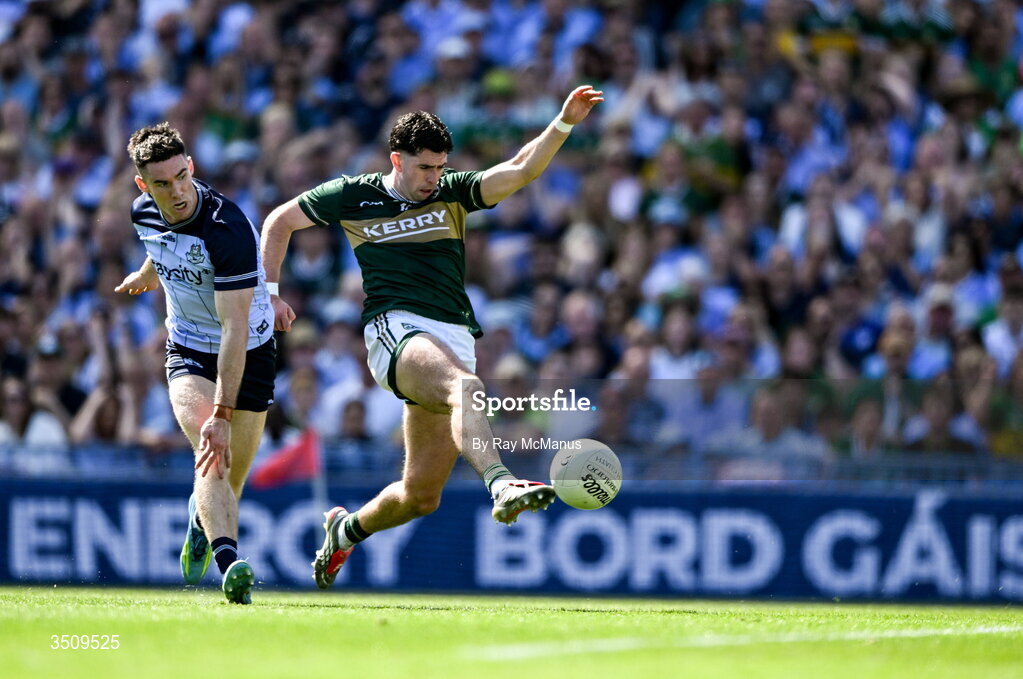 12 July 2026; Dylan Geaney of Kerry in action against Lee Gannon of Dublin during the GAA Football All-Ireland Senior Championship semi-final match between Dublin and Kerry at Croke Park in Dublin. Photo by Ray McManus/Sportsfile