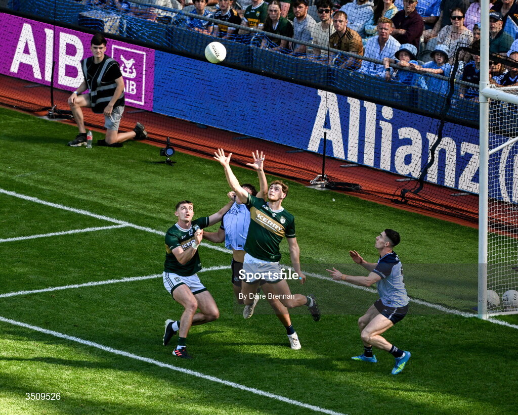 12 July 2026; Seán O'Brien of Kerry scores his side's second goal during the GAA Football All-Ireland Senior Championship semi-final match between Dublin and Kerry at Croke Park in Dublin. Photo by Dáire Brennan/Sportsfile Photo by Daire Brennan/Sportsfile