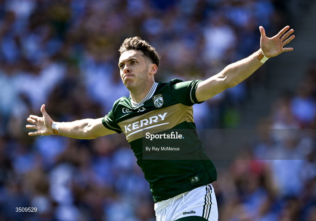 12 July 2026; David Clifford of Kerry celebrates scoring a third minute goal during the GAA Football All-Ireland Senior Championship semi-final match between Dublin and Kerry at Croke Park in Dublin. Photo by Ray McManus/Sportsfile