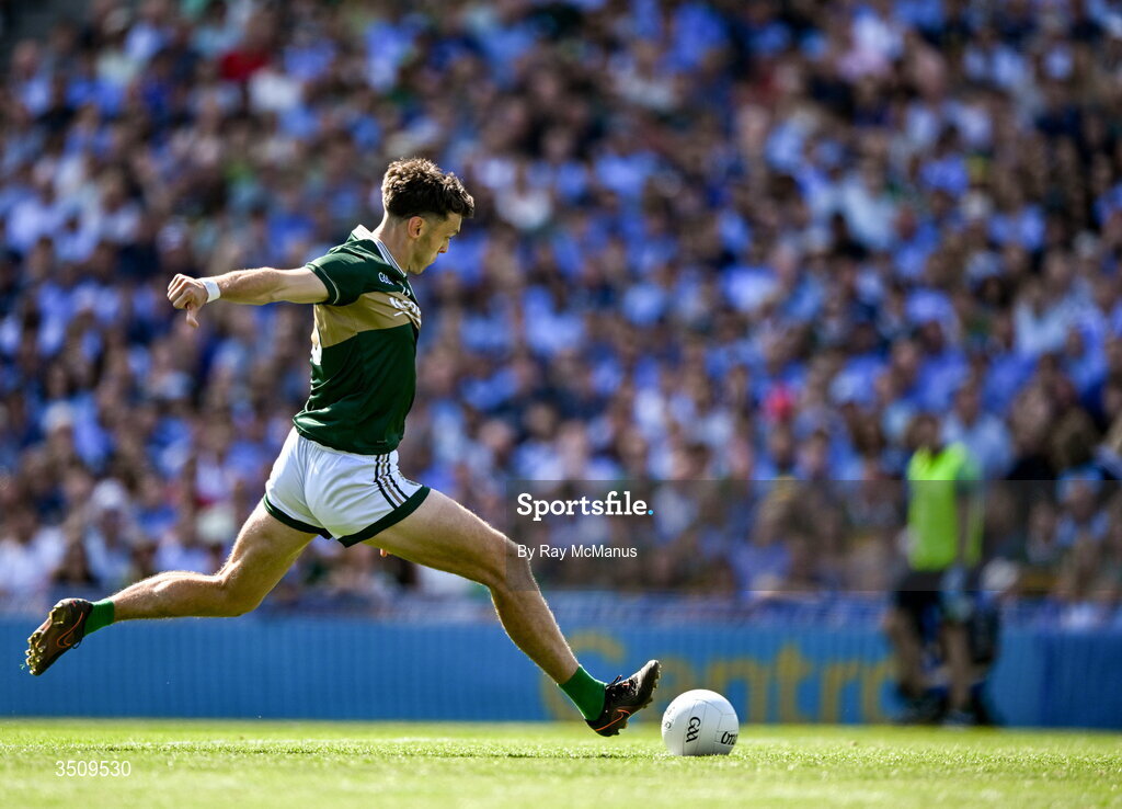 12 July 2026; David Clifford of Kerry kicks a penalty, which was saved, during the GAA Football All-Ireland Senior Championship semi-final match between Dublin and Kerry at Croke Park in Dublin. Photo by Ray McManus/Sportsfile