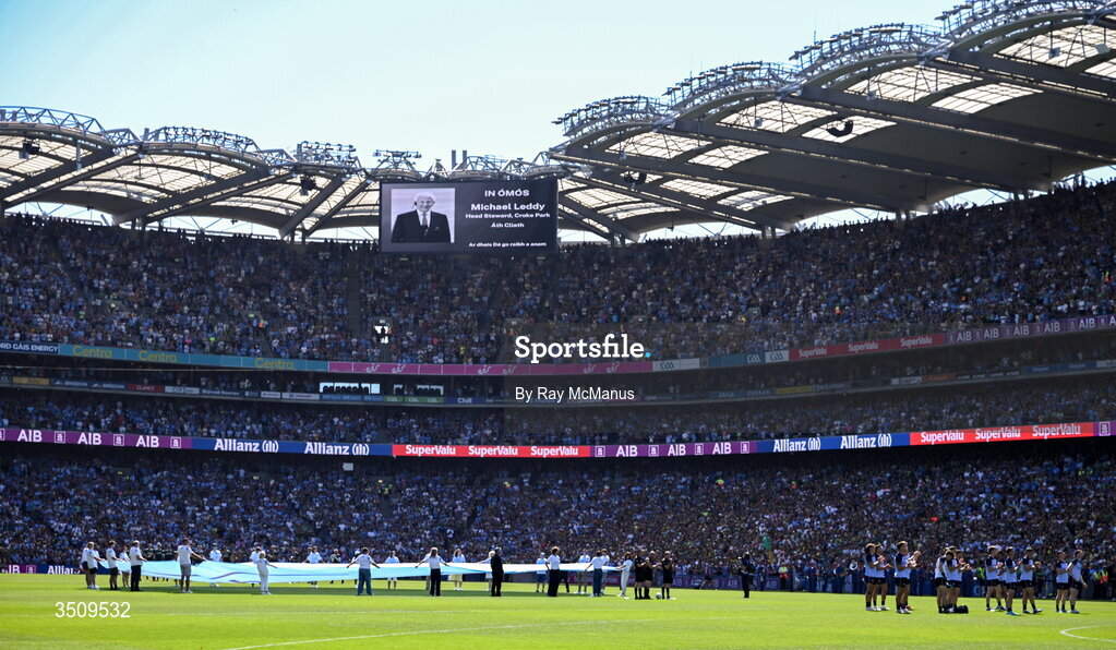 12 July 2026; Spectators, players and officials stand to respect the late chief steward Michael Leddy before the GAA Football All-Ireland Senior Championship semi-final match between Dublin and Kerry at Croke Park in Dublin. Photo by Ray McManus/Sportsfile