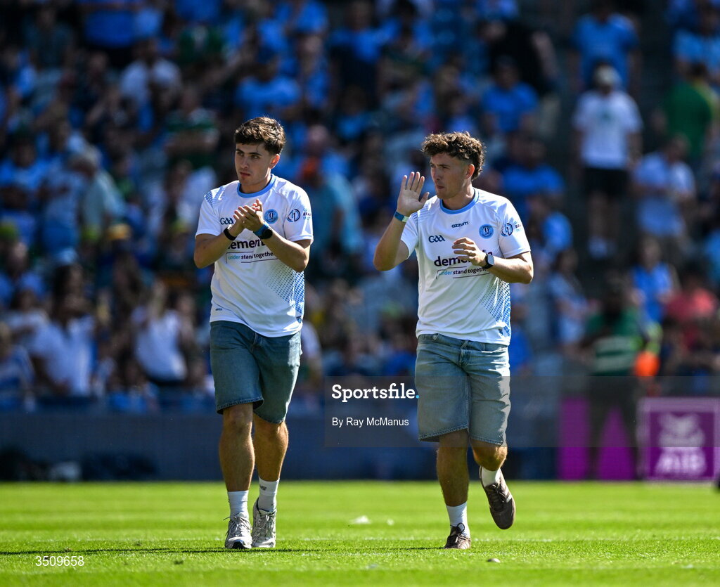 12 July 2026; The FTD Brothers, Jordan, left, and Cian Adams run a circut of Croke Park after completing an epic challenge by running 33 marathons in 33 days the GAA Football All-Ireland Senior Championship semi-final match between Dublin and Kerry at Croke Park in Dublin. Photo by Ray McManus/Sportsfile