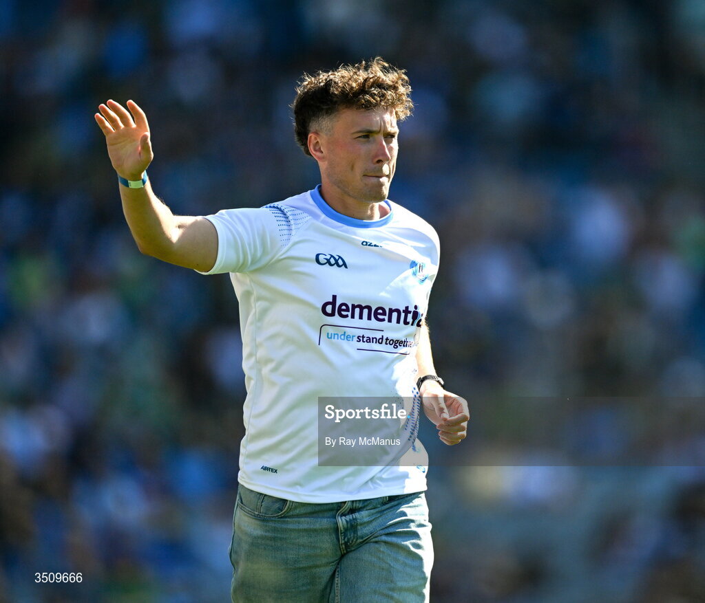 12 July 2026; One of the FTD Brothers Cian Adams runs a circut of Croke Park after completing an epic challenge by running 33 marathons in 33 days the GAA Football All-Ireland Senior Championship semi-final match between Dublin and Kerry at Croke Park in Dublin. Photo by Ray McManus/Sportsfile