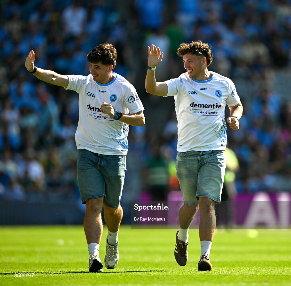 12 July 2026; The FTD Brothers, Jordan, left, and Cian Adams run a circut of Croke Park after completing an epic challenge by running 33 marathons in 33 days the GAA Football All-Ireland Senior Championship semi-final match between Dublin and Kerry at Croke Park in Dublin. Photo by Ray McManus/Sportsfile