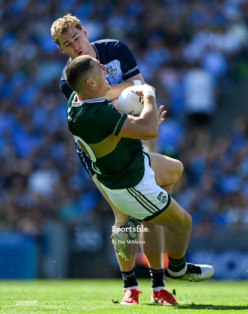 12 July 2026; Joe O'Connor of Kerry is tackled by Peadar Ó Cofaigh Byrne of Dublin during the GAA Football All-Ireland Senior Championship semi-final match between Dublin and Kerry at Croke Park in Dublin. Photo by Ray McManus/Sportsfile