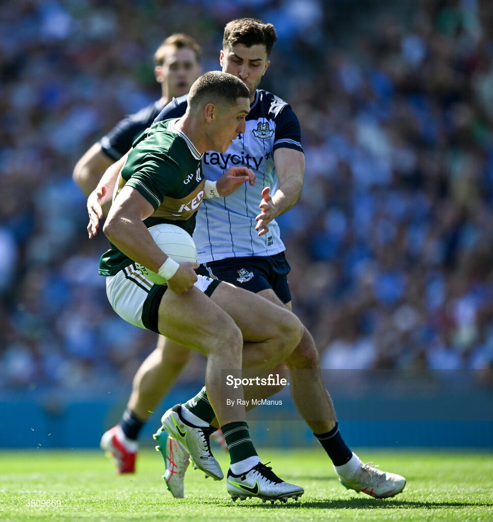 12 July 2026; Joe O'Connor of Kerry is tackled by Peadar Ó Micheál Burns of Dublin during the GAA Football All-Ireland Senior Championship semi-final match between Dublin and Kerry at Croke Park in Dublin. Photo by Ray McManus/Sportsfile