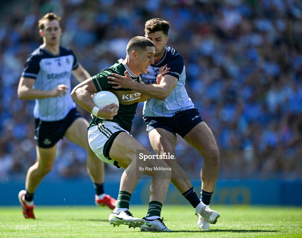 12 July 2026; Joe O'Connor of Kerry is tackled by Peadar Ó Micheál Burns of Dublin during the GAA Football All-Ireland Senior Championship semi-final match between Dublin and Kerry at Croke Park in Dublin. Photo by Ray McManus/Sportsfile