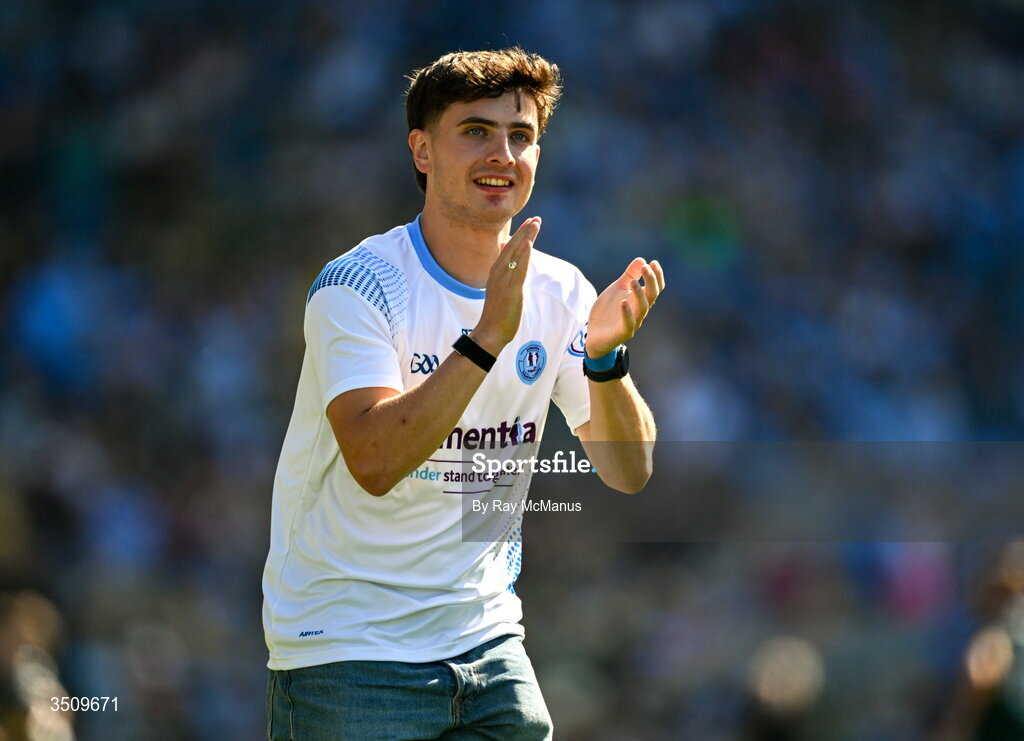12 July 2026; One of the FTD Brothers Jordan Adams runs a circut of Croke Park after completing an epic challenge by running 33 marathons in 33 days the GAA Football All-Ireland Senior Championship semi-final match between Dublin and Kerry at Croke Park in Dublin. Photo by Ray McManus/Sportsfile