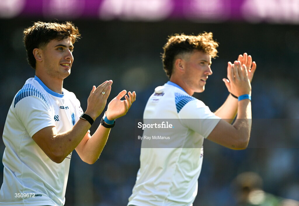 12 July 2026; The FTD Brothers, Jordan, left, and Cian Adams run a circut of Croke Park after completing an epic challenge by running 33 marathons in 33 days the GAA Football All-Ireland Senior Championship semi-final match between Dublin and Kerry at Croke Park in Dublin. Photo by Ray McManus/Sportsfile