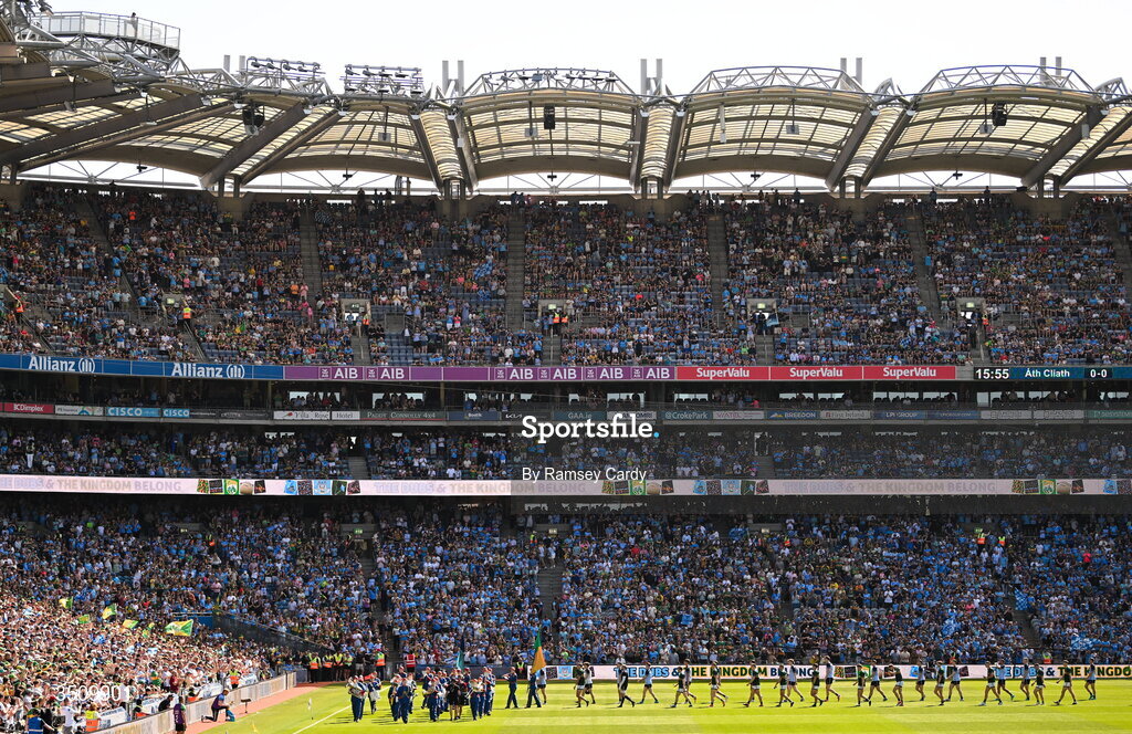 12 July 2026; The Dublin and Kerry teams parade behind The Artane Band before the GAA Football All-Ireland Senior Championship semi-final match between Dublin and Kerry at Croke Park in Dublin. Photo by Ramsey Cardy/Sportsfile