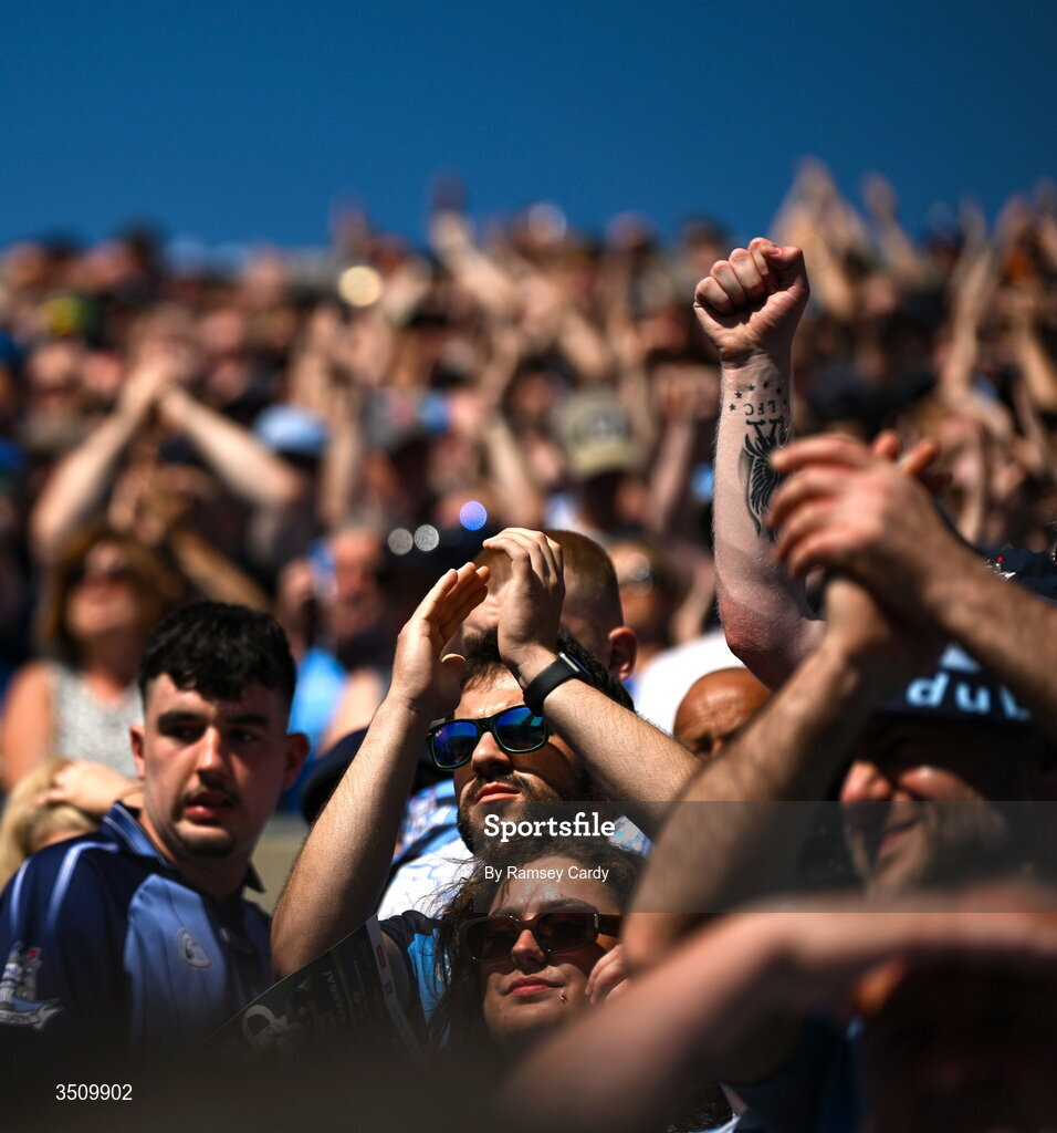12 July 2026; Dublin supporters on Hill 16 during the GAA Football All-Ireland Senior Championship semi-final match between Dublin and Kerry at Croke Park in Dublin. Photo by Ramsey Cardy/Sportsfile