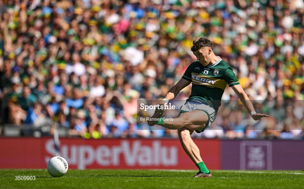 12 July 2026; David Clifford of Kerry takes a penalty during the GAA Football All-Ireland Senior Championship semi-final match between Dublin and Kerry at Croke Park in Dublin. Photo by Ramsey Cardy/Sportsfile