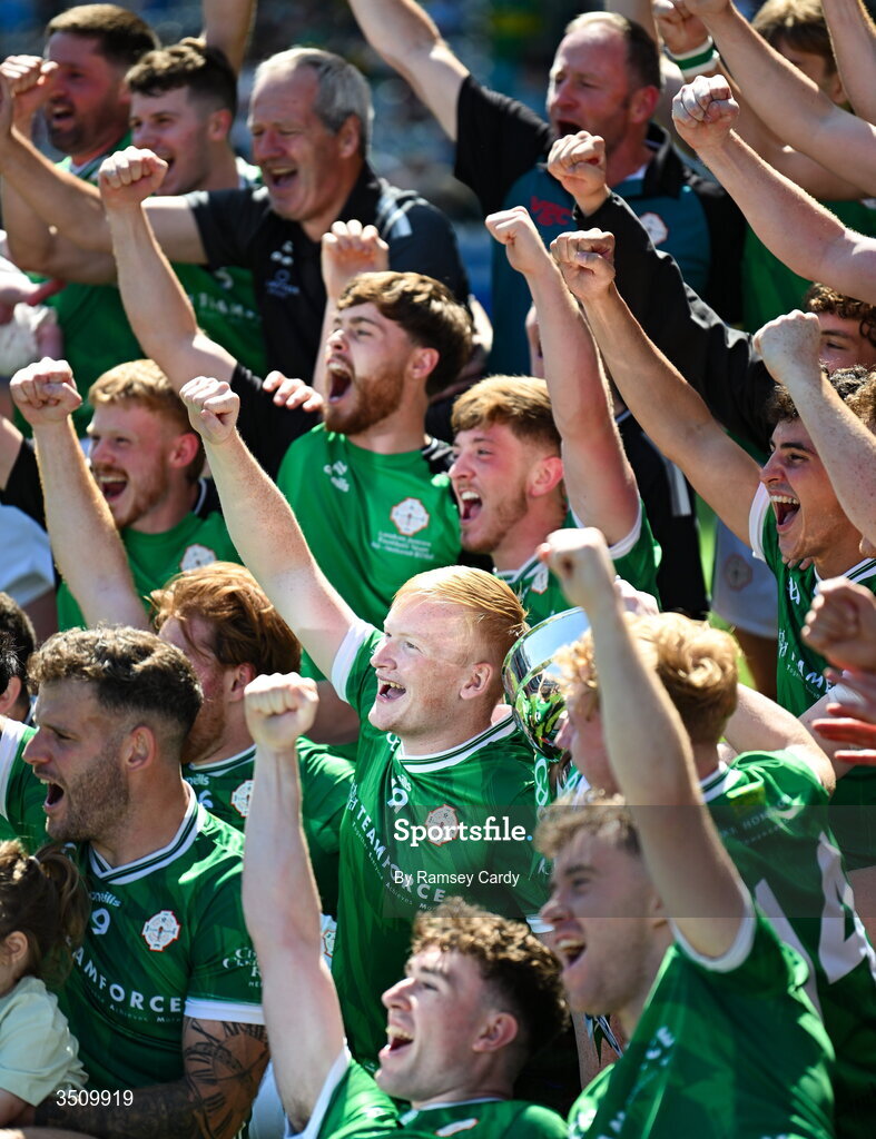 12 July 2026; Alfie McNulty of London celebrates with teammates after the GAA Football All-Ireland Junior Championship Final match between USGAA and London at Croke Park in Dublin. Photo by Ramsey Cardy/Sportsfile